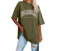 Los Angeles California Tshirt for Women 2025 Half Sleeve Workout Trendy Loose Fit Tops Casual Graphic T Shirts Cute Letter Print Ladies Tees Shirts Going Out Oversized Summer Army Green