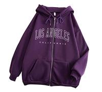 Los Angeles California Vintage Hoodies for Women Cartoon Graphic Zipper Up Letter Printed Hooded Pullover Hoodies Trendy Loose Fitting Floral Print Zip Up Sweaters Fall Thin Preppy Purple