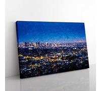 Los Angeles City Skyline At Night In Abstract Modern Art Canvas Wall Art Print Ready to Hang, Framed Picture for Living Room Bedroom Home Office Décor, 50x35 cm (20x14 Inch)