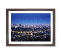 Los Angeles City Skyline At Night In Abstract Modern Art Framed Wall Art Print, Ready to Hang Picture for Living Room Bedroom Home Office Décor, Walnut A3 (46 x 34 cm)