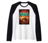 Los Angeles County Sign 110 Freeway LA City Skyline 323 213 Raglan Baseball Tee