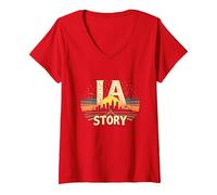 Los Angeles LA Story Starry Skyline Cityscape V-Neck T-Shirt, Women, Red, S