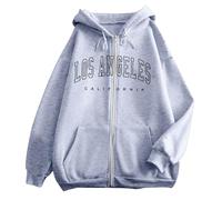 Los Angeles Letter Print Essential Hoodies for Women College Hooded Pullover Outfits Backwoods Vintage Casual Graphic Drawstring Fleece Lined Trendy Athletic Zipper Long Sleeve Tops Light Gray