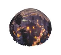 Los Angeles Palm Trees Double Layer Waterproof Shower Cap For Women, Reusable Bath Hat With Elastic Band, Keep Hair Dry For Shower And Skincare