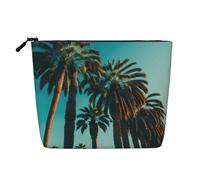 Los Angeles Palm Trees Print Cosmetic Bag for Women,Faux Linen Makeup Bag Large Capacity,Perfect for Travel Daily Use