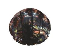 Los Angeles Palm Trees Print Shower Cap for Women Men, Reusable Double-Layer Fabric Bathing Cap Girls Hair Caps, 27 CM