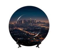 Los Angeles Skyline Ceramic Decorative Plates Bone China Decorative Plate With Display Stand Handmade Ceramic Ornament Personality Porcelain Dinner Plate Crafts For Home Office Wall Decoration 17cm
