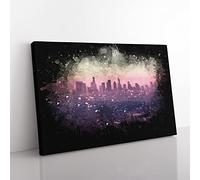 Los Angeles Skyline In The Morning Paint Splash Modern Art Canvas Wall Art Print Ready to Hang, Framed Picture for Living Room Bedroom Home Office Décor, 50x35 cm (20x14 Inch)