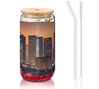 Los Angeles Skyline Print Reusable 16 Oz Bamboo Lid Straw Glass Cup Travel Home Office Outdoor Activities