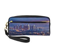 Los Angeles Skyline Printed Leather Makeup Bags with Wrist Strap Portable Travel Toiletry Bag Cosmetic Organizer Bag for Women