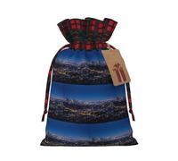 Los Angeles Skyline Printing Color Matching Plaid Drawstring Christmas Bag With Kraft Tag 4.7x6.9 In For Halloween