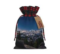 (Los Angeles Skyline) Reusable S Size Bag Sack With Drawstring Eco-Friendly Plaid Burlap Pouch For Party Wedding Favors.