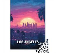 Los Angeles Sunset Skyline Illustration Jigsaw Puzzle 1000 Pieces, Vintage Architecture Destination, 1000 Pieces for Adults, Travel Gift for Puzzle Lovers, Paper Board, 38x26cm/1000pcs