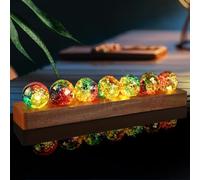 LOSCHEN 7 Multicoloured Crackle Balls with LED Sapele Wood Base, Positive Energy Decorative Ice Crackled Balls, Natural Healing Spheres Set for Home, Yoga, Meditation