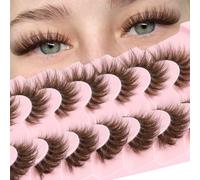 Losha Brown Lashes False Eyelashes Fluffy Cat Eye Lashes (FC03 Brown) | 7 Pairs 8-18mm Clear Band Volume Fake Eyelashes Crisscross Lashes Strips 3D Faux Mink Lashes with Imported Fiber