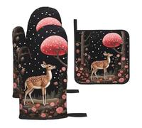 Lost Deer in the Flowers Printed Kitchen Gloves and Mat 3-Piece Set-Non-Slip, Heat-Resistant Silicone for Bakers and Chefs
