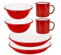 Lost & Found 6 Piece Premium Enamel Set for Two | Bowl Deep Dish Plate Mug | Outdoor Camping Hiking Vanlife Enamelware Dining Mess Kit (Backcountry-Hut Red)