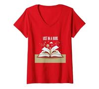 Lost in a Book: Magical Reading Adventure Artwork V-Neck T-Shirt, Women, Red, M