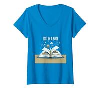 Lost in a Book: Magical Reading Adventure Artwork V-Neck T-Shirt, Women, Sapphire, L