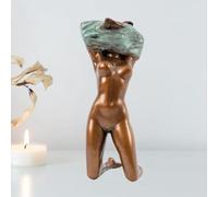 Lost-Wax Cast Bronze Nude Woman Statue - 17 cm (6.7") Handcrafted Figurine with Raised Arms, Real Bronze Sculpture for Home Office Shelf, Artistic Gift for Art Lovers