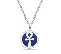 LOSTERLO Ankh Cross Necklace for Women Men Premium Handmade Lapis Lazuli Pendant Necklace Round Pendant with Stainless Steel Chain 17.75" and 1.97", Stainless Steel, No Jewelry