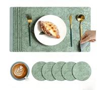 LOSTTYPE 6 Pack with 6 Coasters Set - Artificial Leather Heat Resistant Waterproof Table Mats for Kitchen Dining Table Restaurant Hotel Use, 43x30cm with 10cm Round Coasters, Floral Design（Green ）