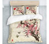 LOSUMIGE - Bedding - Duvet Cover Set, Spring Sakura Cherry Blossom with Butterflies in Traditional Japanese Sumi-E Style Vintage, Microfibre Duvet Cover Set,Double Size(200 * 200cm)