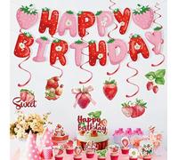 Losuya Strawberry Birthday Party Decorations Strawberry Happy Birthday Banner Hanging Swirls Cupcake Toppers Favors