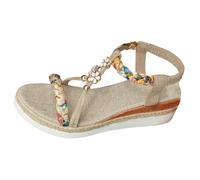 LOSVIP Espadrilles Boho Sandals Women's Wedge Heel Platform Colourful Braided Jute Look Flowers Elegant Lightweight Summer Shoes for Holiday Beach Wedding, beige, 8 UK