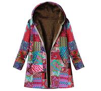 LOSVIP Women's Boho Colourful Coat with Inner Fleece Winter Jacket, Women's Oversized Polka Dot Hooded Jacket with Stripes, Winter Jacket, Vintage Boho Winter Coat, Red-b, M