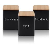 LOSYHU 1.6 Litres Tea Coffee & Sugar Canisters Set of 3, Kitchen Canister Set with Airtight Bamboo Lid, Coffee and Tea Storage Jars Kitchen Storage Tins (Black, Square)