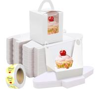 LOSYHU 100 Pack Individual Cupcake Boxes, White Single Cupcake Boxes with Window, Individual Cupcake Carriers with Inserts, Square Bakery Boxes with Handle, for Birthday Party Wedding Favor Packaging