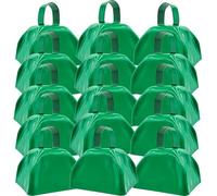 LOSYHU 15 PCS Small Cow Bell Loud Bells Noisemaker Call Bells with Handle 3 Inch Bulk Hand Percussion Cowbells Noise Makers Green Metal Cowbells for Sporting Events Cheering Football Games
