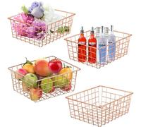 LOSYHU 4 Pack Wire Baskets for Pantry Metal Wire Freezer Organizer Bins with Handles, Metal Basket Rose Gold Wire Baskets for Storage Organizing Office, Kitchen Cabinets, Bathroom, Countertop