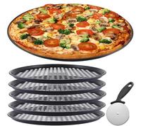 LOSYHU 6 Pcs 12 Inch Pizza Trays with Cutter Wheel, Carbon Steel Non-Stick Pizza Trays for Oven, Round Perforated Baking Pans, Black Baking Tray for Bakery