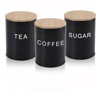 LOSYHU Black Tea Coffee Sugar Canisters Set of 3, 1000ML Kitchen Container Tins with Airtight Bamboo Lid, Metal Tea Coffee Sugar Storage Jars Kitchen Food Storage Tins