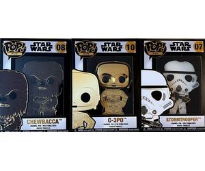 LOT 3x FUNKO POP PINS STAR WARS STORMTROOPER #07 CHEWBACCA #08 C-3PO #10 NEW