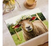 Lot de 4 Sets de Table Cute Animals, Résistant à la Chaleur Coton et Lin Lavables Rectangulaire Set de Table Grassland Sheep pour Décoration de Cuisine à Manger Greenish Brown