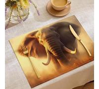 Lot de 4 Sets de Table Digital Art, Résistant à la Chaleur Coton et Lin Lavables Rectangulaire Set de Table African Elephants On The Grasslands pour Décoration de Cuisine à Manger Brown