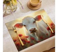 Lot de 4 Sets de Table Oil Painting Animals, Résistant à la Chaleur Coton et Lin Lavables Rectangulaire Set de Table Field Cows pour Décoration de Cuisine à Manger Yellow-Red