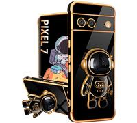 Lotadilo for Google Pixel 7 Case, Pixel 7 Cases with Astronaut Stand for Women Girls, Girly Cute Spaceman Love Heart Gold Plating 6D Phone Cover with Kickstand for Pixel 7 6.3 Inch Black