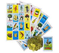 Loteria Mexicana Tradicional Jumbo Don Clemente para 10 Jugadores con 100 Monedas - Jumbo Size Mexican Bingo Set with 100 Counting Chips Plastic Coins for 10 Players with Deck of Cards and Boards