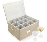 LotFancy Stemware Storage Container, Hard Shell, Large Wine Glass Storage Box for Moving, Stackable, Foldable, Crystal Glassware, Drinkware Case with Dividers & Handles, 21”x15.5”x10”, Beige