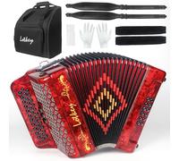 Lotkey 34 Key Diatonic Accordion, 3412 Multi Tone Celluloid Accordions Louder Clearer Timbre than Plastic for Adult, Beginner, Professional with Updated Bag, Straps, Acordeón Wrist Guard (FBE Red)