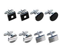 Lotnery 4 Pairs Men's Cufflinks Set | Classic Silver & Black Tone Striped Disc, Square, Rectangle Cuff Links | Essential Formal Accessories for Business Meetings, Weddings & Parties