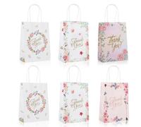 Lotnery 6pcs Thank You Gift Bags with Handles - Elegant Paper Party Favour Bags, Size 5.9"x3.1"x8.3" (15x8x21cm) in 4 Assorted Styles, Perfect for Presents at Birthdays, Weddings, Baby Showers & Celeb