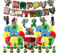 Lotnery Mine Gamer Birthday Party Decorations Kit - 57PCS Complete Set with Pull Flags, Cake Toppers & Latex Balloons for Boys Girls Gaming Theme Celebration