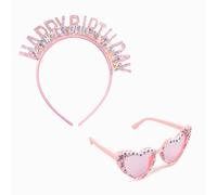 Lotnery Pink Heart Sunglasses & Birthday Queen Headband Set - Sparkling Bling Diamond Heart-Shaped Glasses with Gold Letter Headband for Women's Birthday Party, Hen Night Accessories & Photo Props