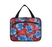 Lots of Blue Flowers on A Red Background Hanging Mens Travel Bag Toiletry with Hook, Designer Washable Make up Bag for Travel Must Haves Work maleta para maquillaje L