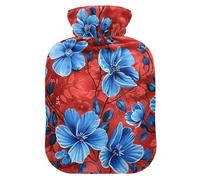 Lots of Blue Flowers on A Red Background Water Bottle for hot Water with Soft Cover, 1L Water Bottle Bag for Neck and Shoulder Pain Relief, Hot and Cold Therapies, Bolsa Caliente para Dolores
